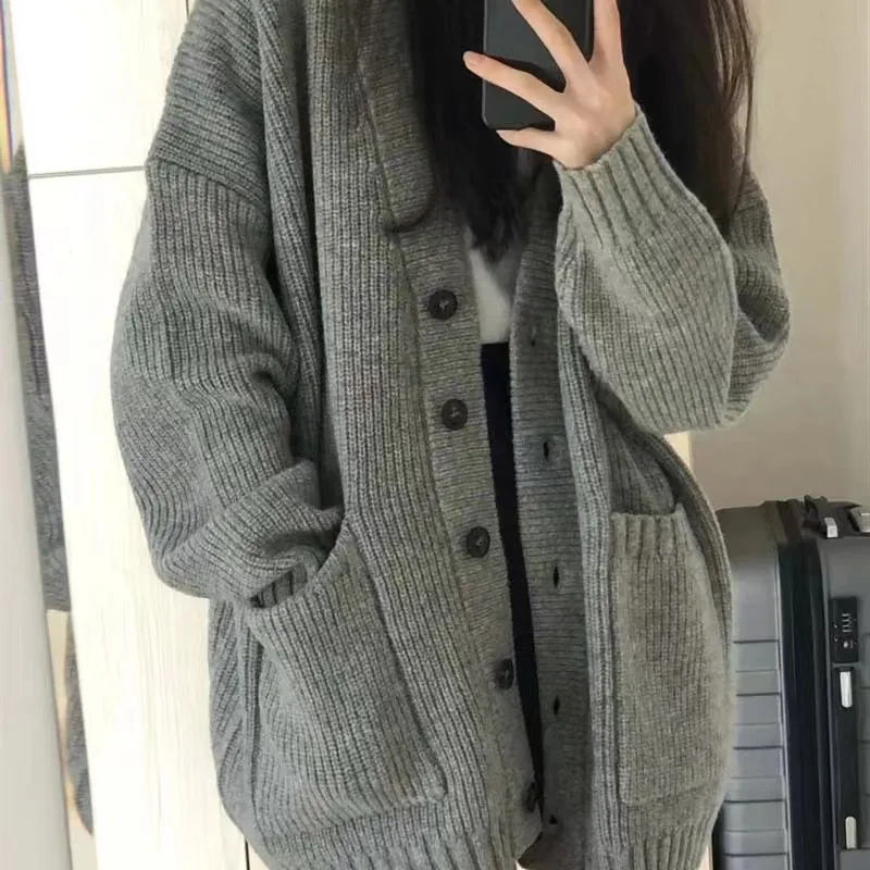 

Women Sweaters V Neck Long Sleeve Cardigan Jumpers Solid Button Loose Knit Vintage Pockets Spliced Elegant Lady Autumn