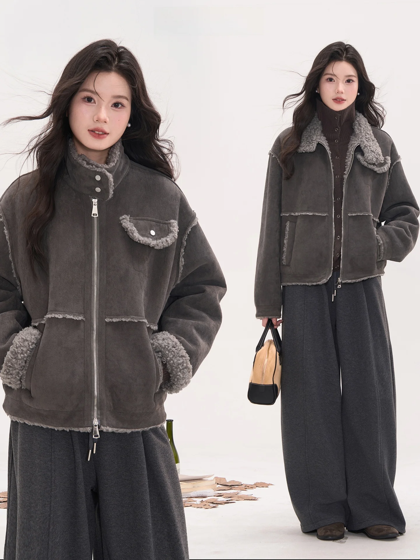 

Зимняя женская мотоциклетная куртка Heme Street из замши на флисовой подкладке с пэчворк-дизайном, длинными рукавами и застежкой-молнией