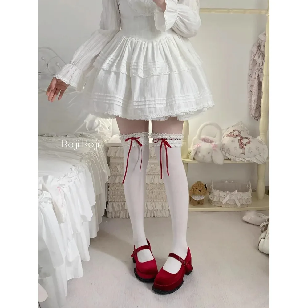 ถุงเท้าข้อกลางลายโบว์สไตล์โลลิต้า แนวสปริง 2026 น่ารัก สำหรับนักเรียนหญิง ถุงเท้าลูกไม้ผ้าฝ้าย