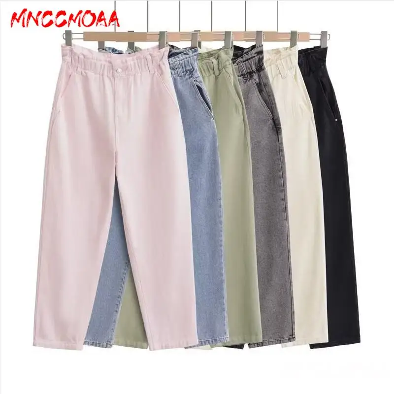 

MNCCMOAA-Women's Vintage Elastic High Waist Jeans, Female Straight Trousers, Monochromatic, Casual Wear, New Fashion, 2024