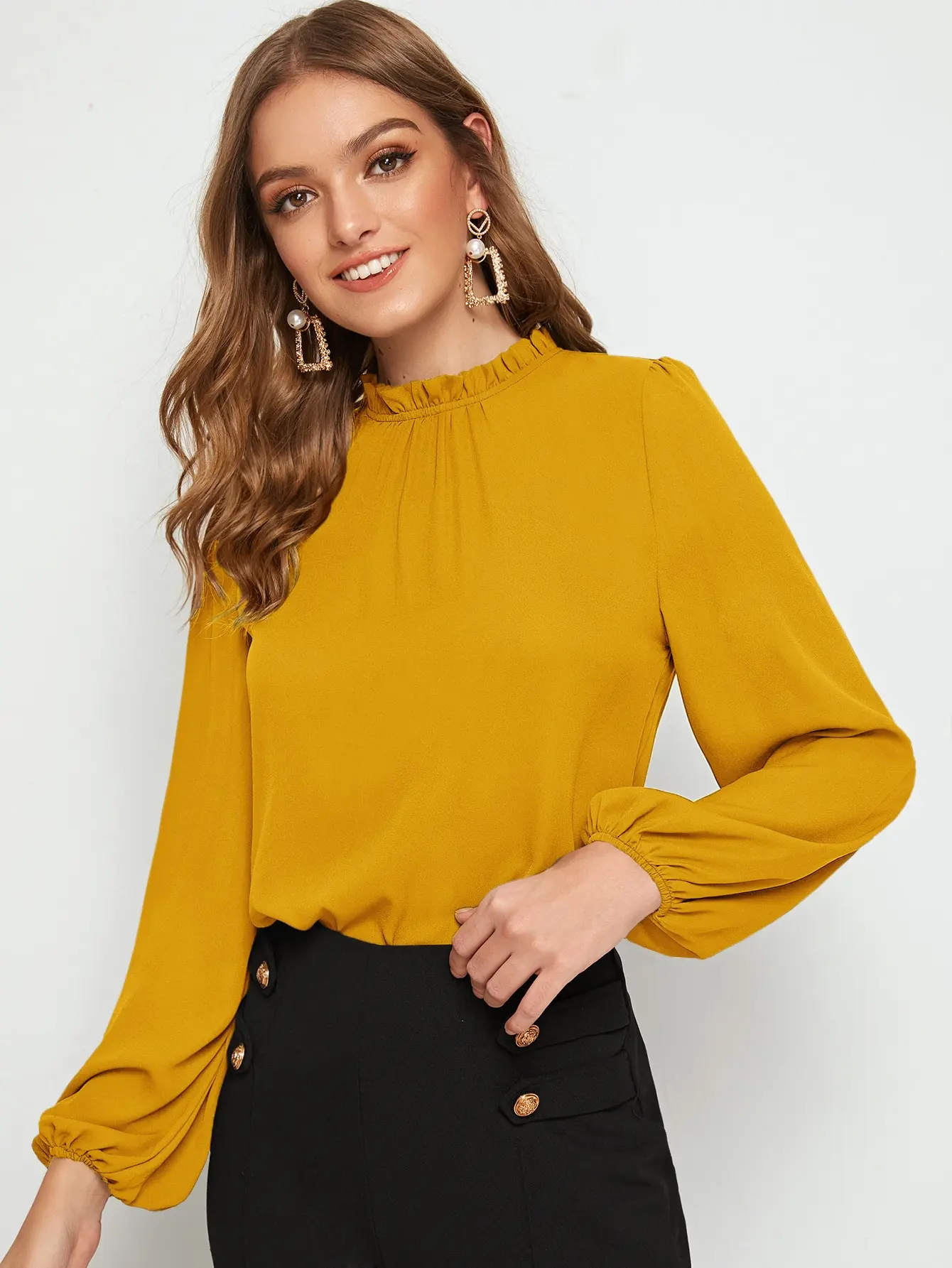 Women Solid Color Frill Mock Neck Lantern Sleeve Blouse Ladies Long Sleeve Tops Shirts