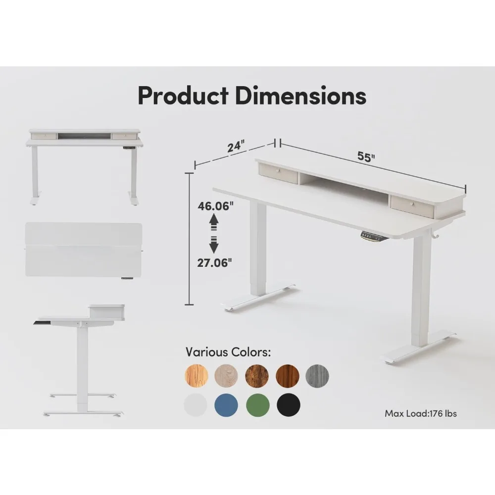 Electric Standing Desk with Double Drawers, Adjustable Height, White Top, Free Table, Study Writing, 55x24 Inch