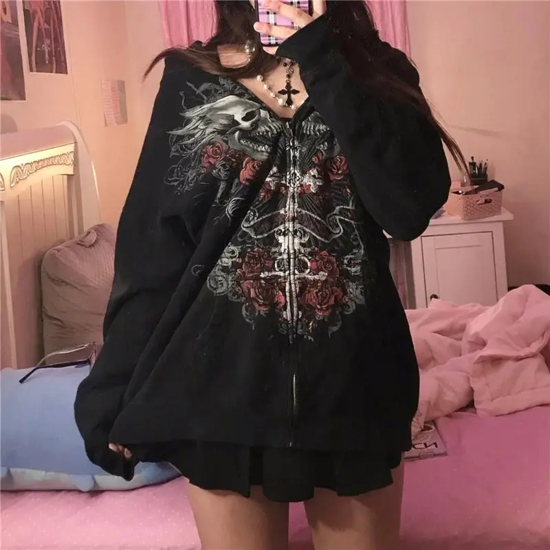 

Y2K Fairy Unge Skull Print Long Sve Hooded Tops 2000s Sle Women's Faion Autumn Season Other Material 00% Ladies' Skirts