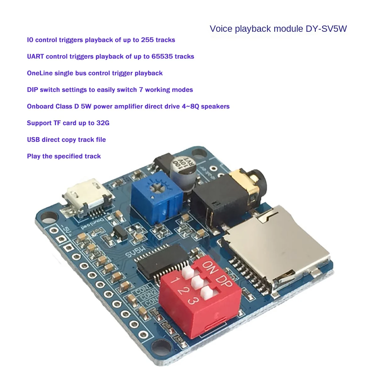 Módulo de reproducción de voz DY-SV5W para reproductor de música MP3, amplificador de reproducción de voz de 5W, tarjeta SD/TF integrada, disparador de E/S UART