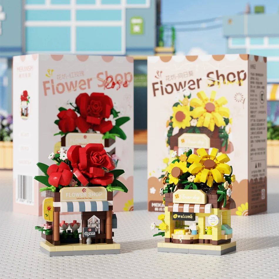 متجر زهور صغير الحبيبات الصغيرة تجميعها عرض الشارع اللبنات الإبداعية DIY حلم متجر كتل لعبة تعليمية عادية الهدايا