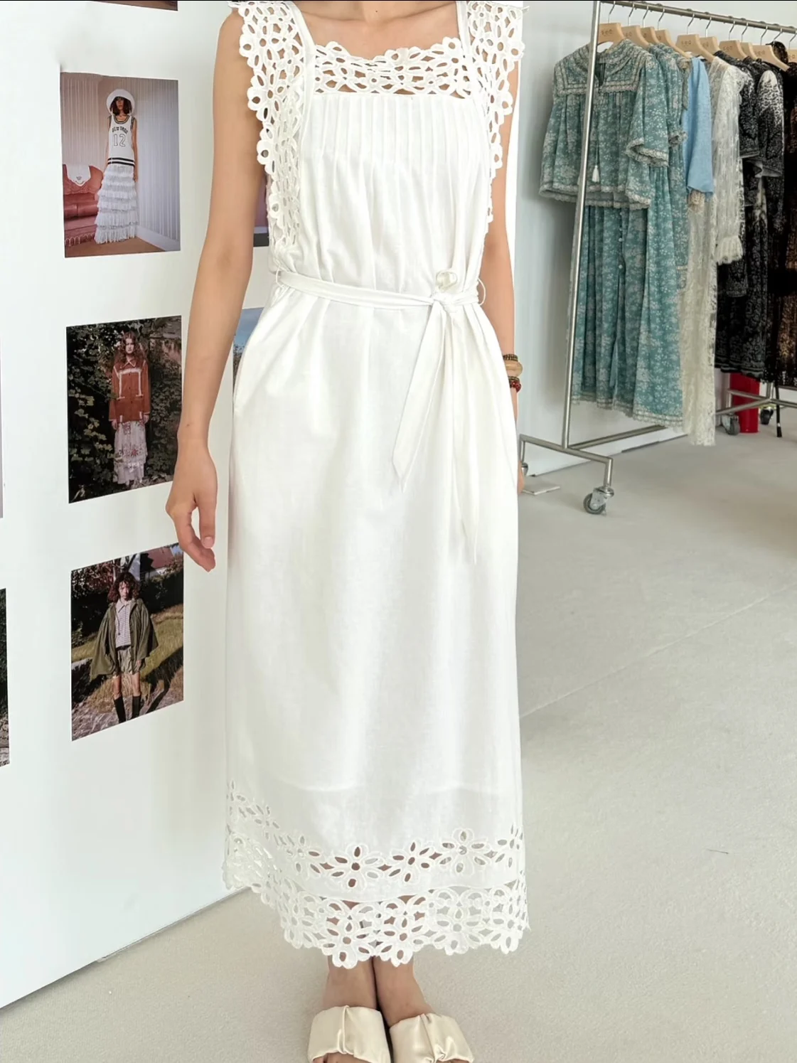 

HEIDD Ранняя весна 2026: Женская юбка А-силуэта с высокой талией, вышивкой и квадратным воротником, из белого хлопка, с вырезами, длинная