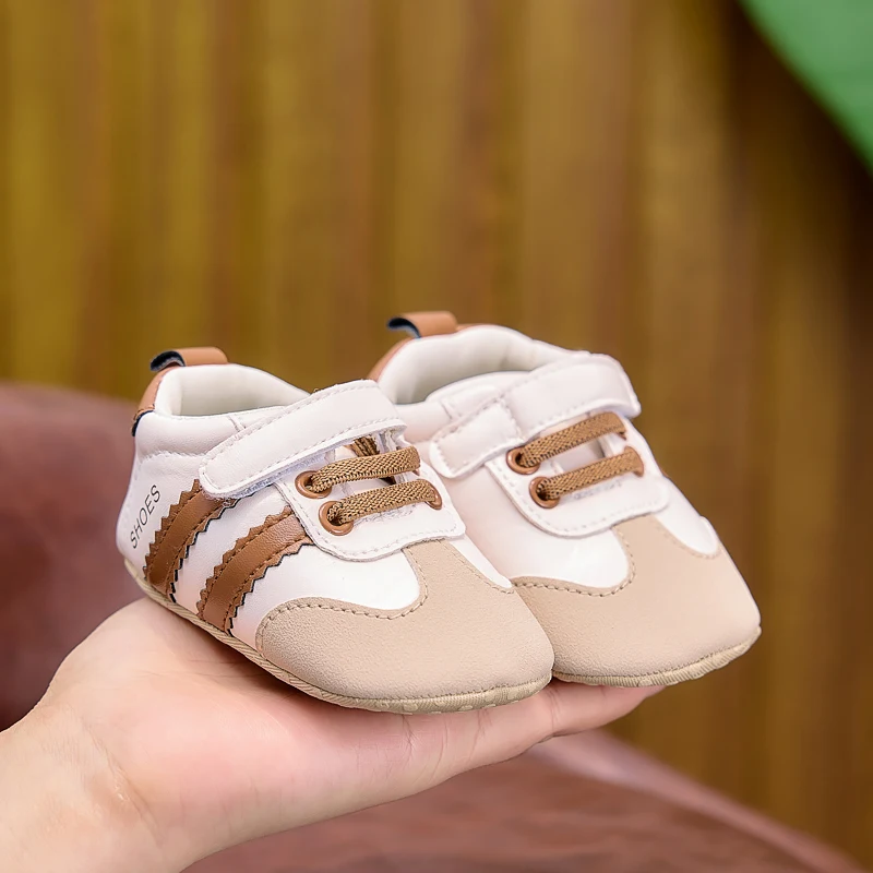 Frühlings- und Herbst-Babyschuhe, farblich abgesetzte, gestreifte Babyschuhe mit Klettverschluss, Lauflernschuhe mit weicher Sohle für Neugeborene, 0–12 Monate, Schuhe für Jungen und Mädchen – Detail 9