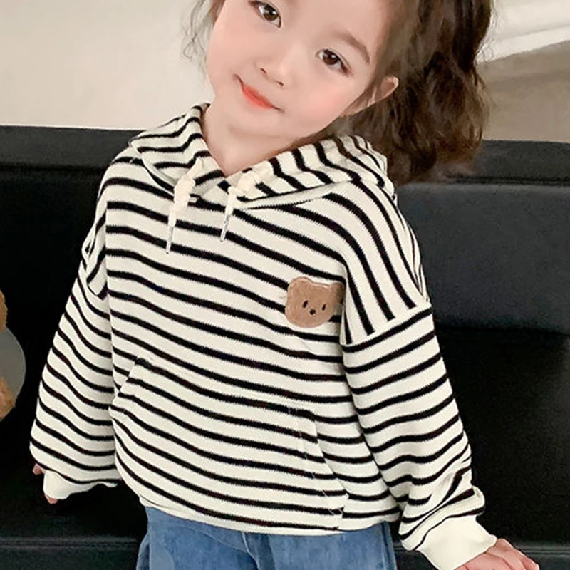 

Girls' Spring Autumn Stripe Kawaii Pullover Fashion Hooded Long Sleeve Sweatshirts Kids Hoodies Children's Clothing Lady Tops