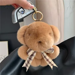 Cute Key Chain Fluffy Plush Little Bear Toy Women Rex Rabbit Fur Keychain Plush Panda Handbag Pendant Car Keyring Girls Gift