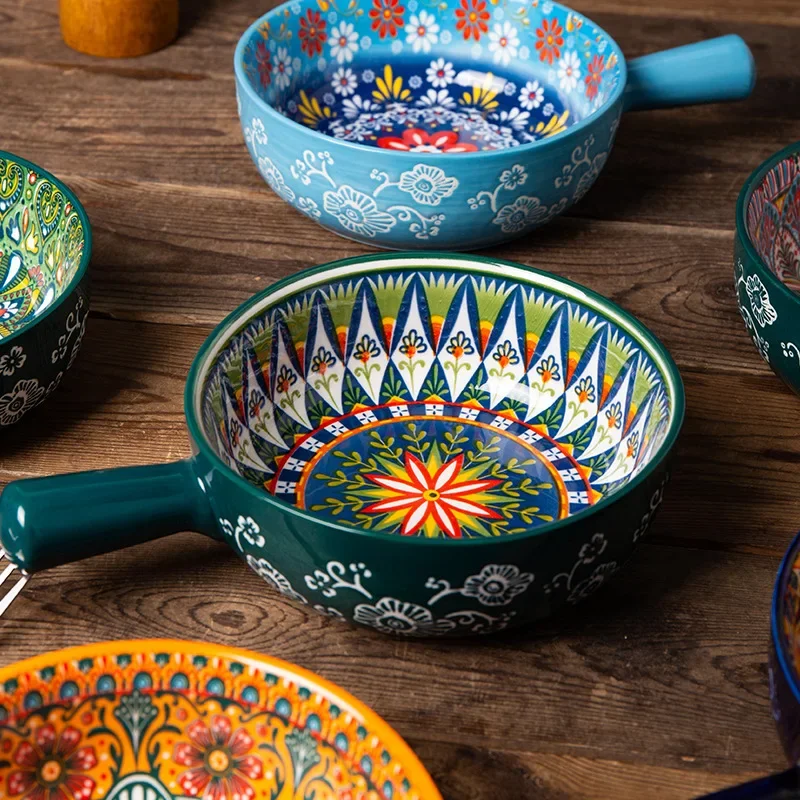 

6.2In Retro Ceramic Handle Bowls Household Rice Bowls With Handles Instant Noodle Bowls Salad Bowls Air Fryer Baking Bowls