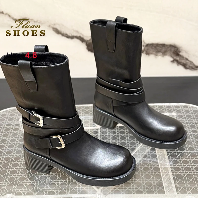 

Осень-зима, новые женские ботинки на толстой подошве, модные повседневные ботинки до середины икры с регулируемой пряжкой, женская обувь большого размера на высоком каблуке 4,8 см