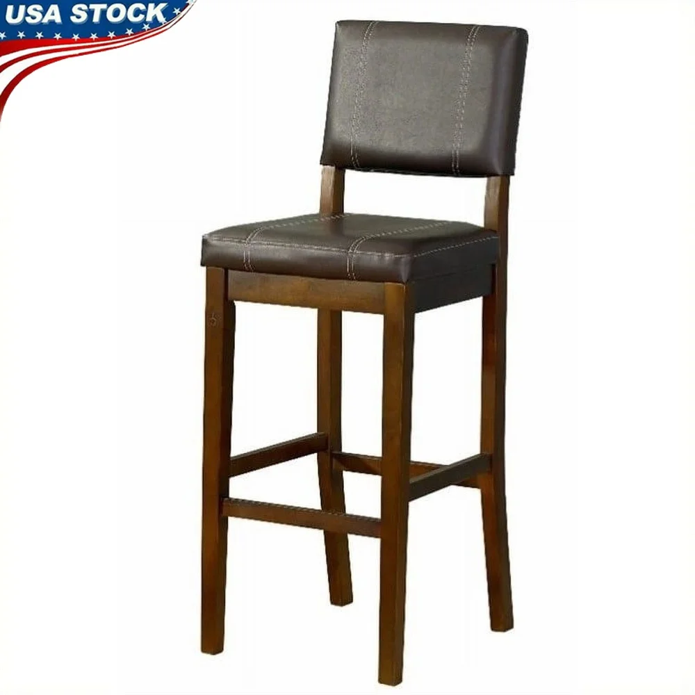 

Milano 24in Bar Stool Dark Brown PVC Solid Wood Legs Comfortable Padded Seat Durable Stain Resistant Foot Rails Kitchen Dining