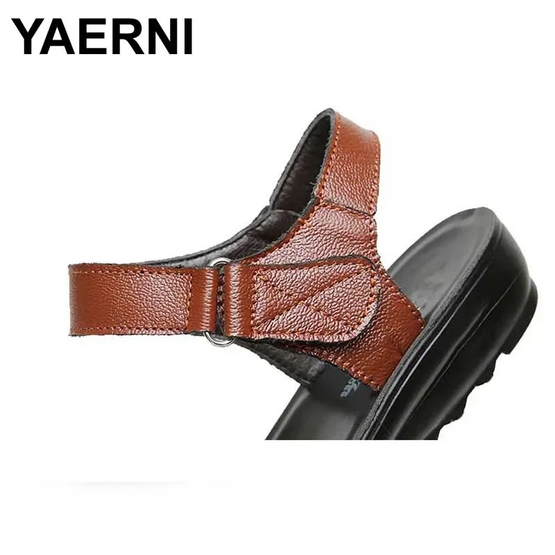 YAERNI  summer new fashion Woman sandals mother large size Flat leather Sandals slip comfort elderly Soft bottom sandals