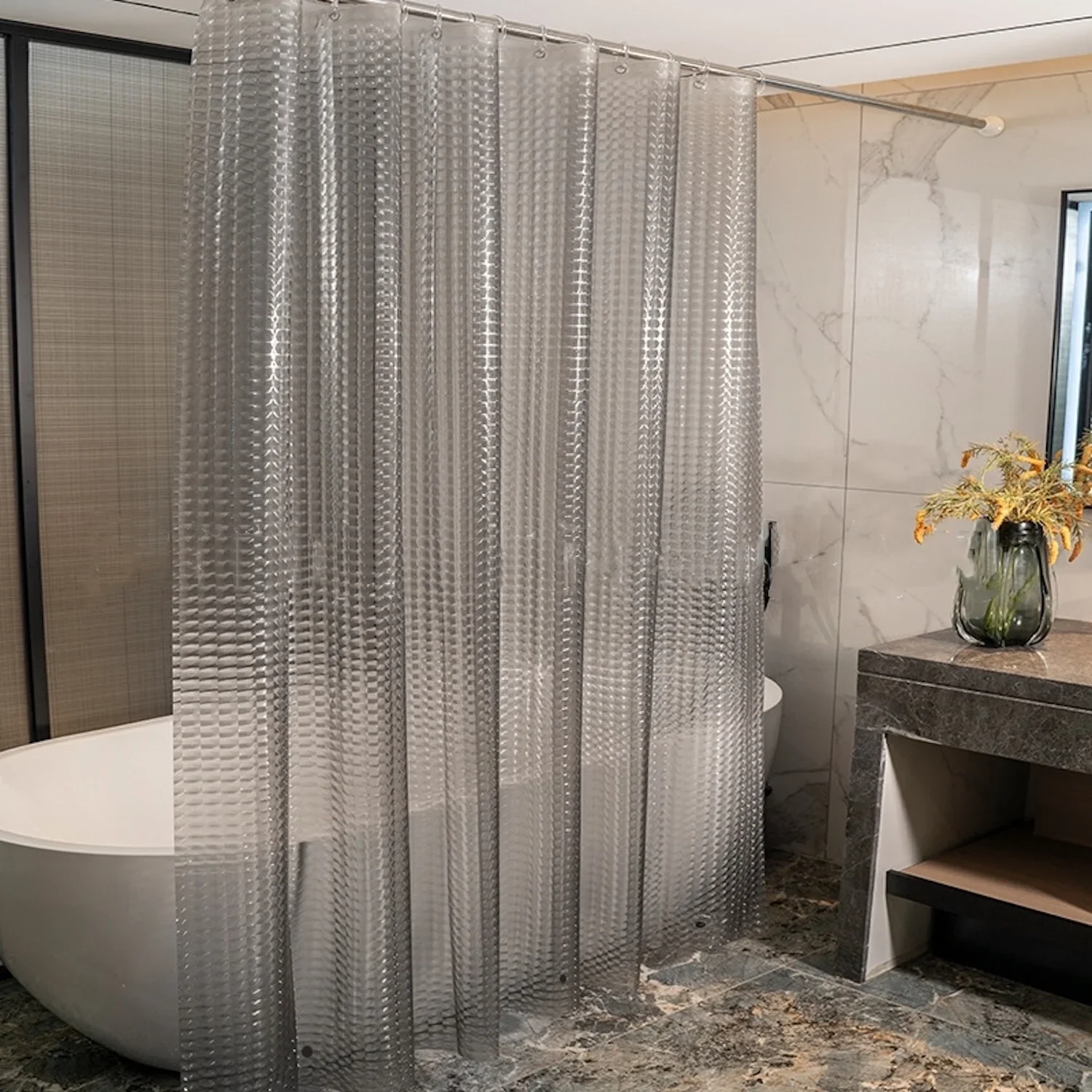 1 Stück transparenter grauer Kristall-Duschvorhang, langlebiger und robuster Katzenaugen-Badvorhang mit Haken, wasserdichte Badezimmerdekoration und Accessoires