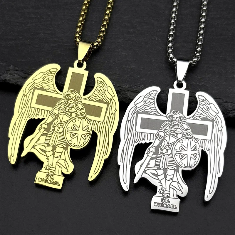 Archangel St.Michael Protect Us Cross Pendant Necklace for Women Men Stainless Steel Gold Color Saint Michael Chain Jewelry