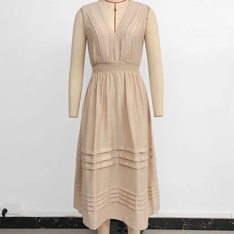 Luźna, codzienna długa sukienka damska na lato, elegancka sukienka maxi w stylu vintage, seksowna sukienka plażowa bez rękawów z dekoltem w serek w stylu bohemy.