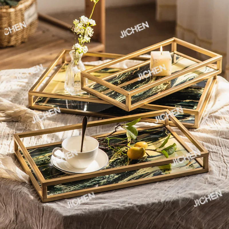 

Light luxury teacup storage tray Metal afternoon tea decorative square plate Fruit snack cake plate