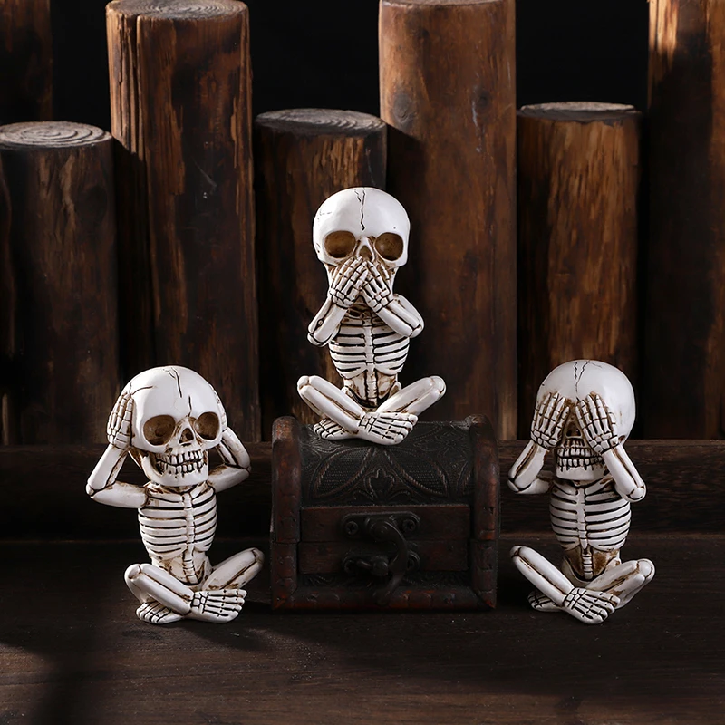3pcs Baby Skulls Statue See No Evil Hear No Evil Speak No Evil Resin Funny Skull Office Desktop Ornaments Bookshelf Home Decor