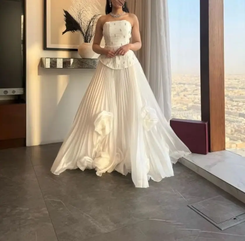 

Customized Elegant Crystal Pearl Appliques Party Dresses Formal Prom Dresses Pleated Floral Decoration A-Line Evening Gowns