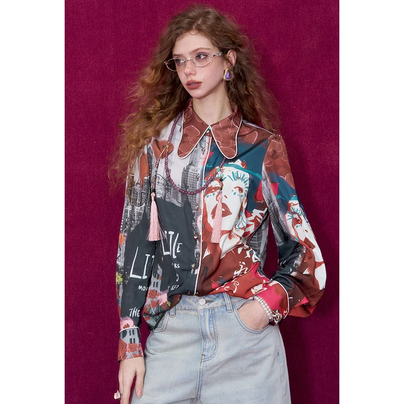 ELFSACK Women's Streetwear Long Sleeve Blouse with Figure Graphic Print, Retro Collared Button Up Shirt for Daily Casual Outfit