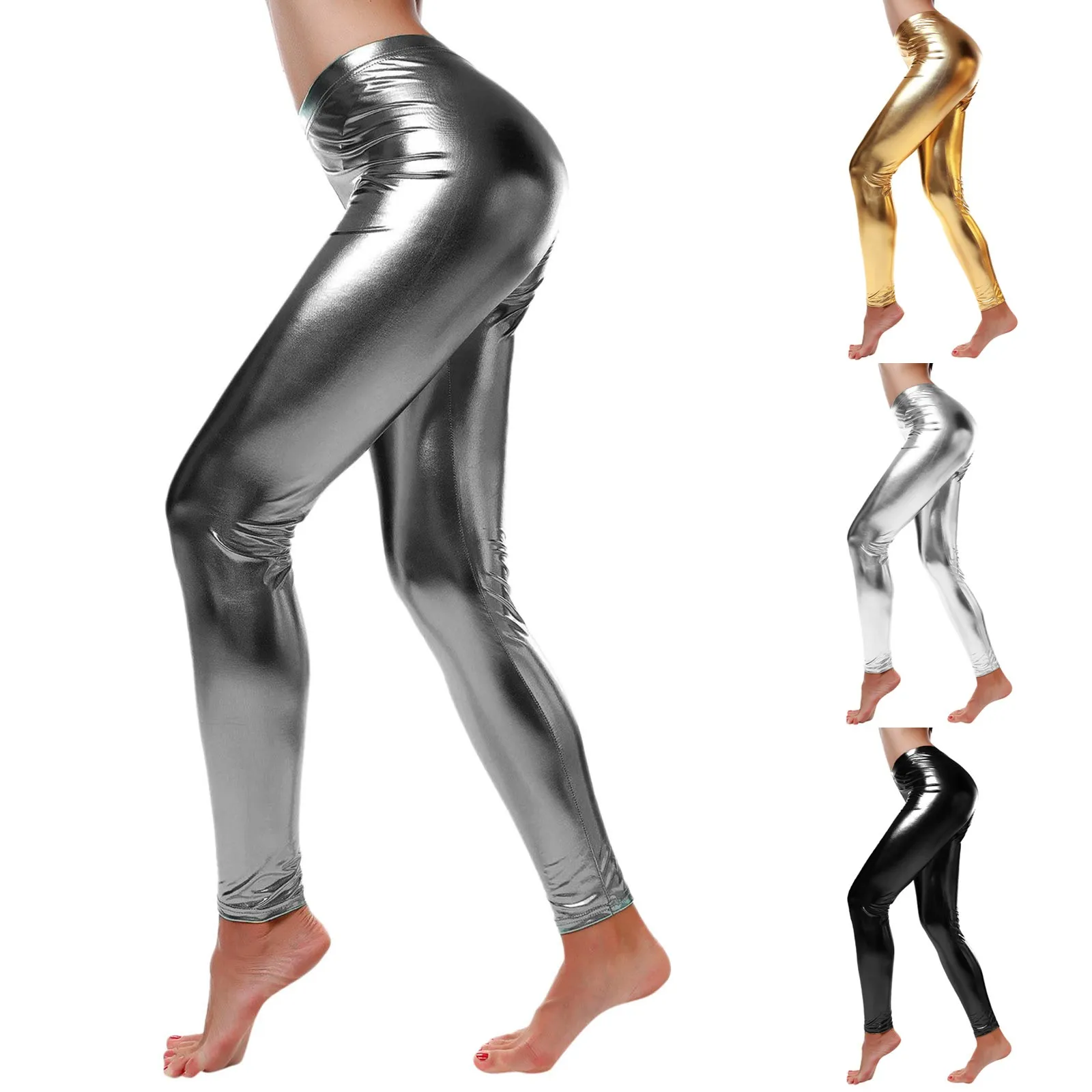 Women Waist Legging Leggings Faux Leather Look Wet Trousers Pants Yoga Pants