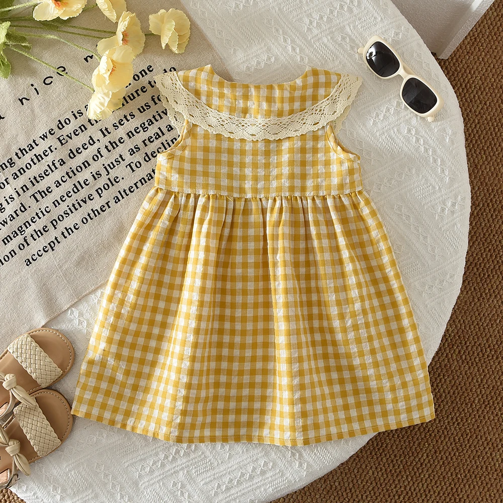 Sweet and Cute Baby Clothing Checkered Printed Girls' Casual Dress Summer Lace Splicing Sleeveless Collar Princess Dresses