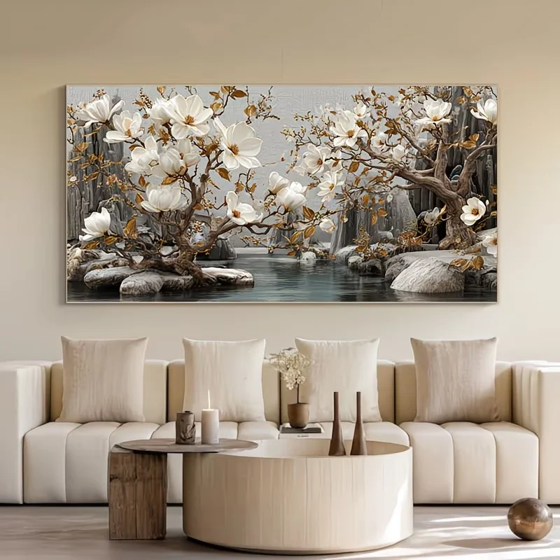 Rock Creek Magnolia Flowers Landscape 5D DIY Diamond Painting Full Diamond Mosaic Golden Branches Embroidery Kit Home Decor Gift