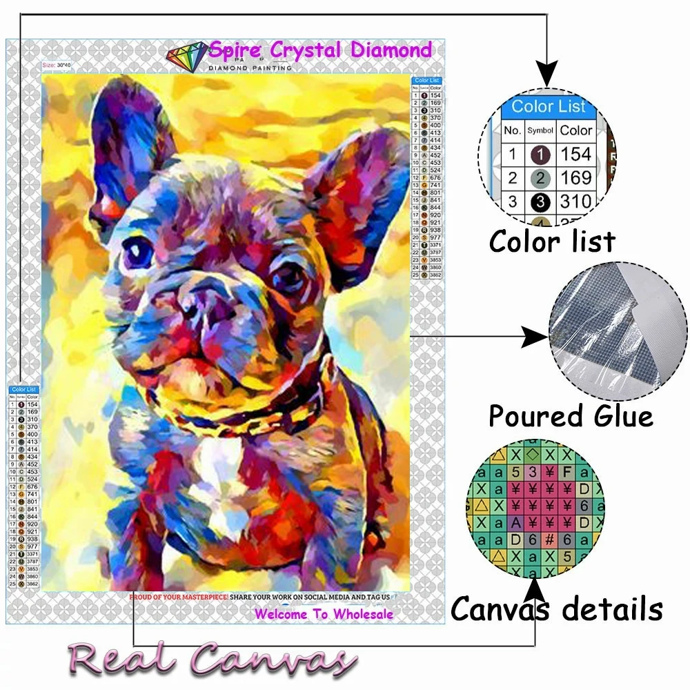 Colorful French Bulldog 5D AB Drills Diamond Painting Metal Pink Bubble Art Cross Stitch Kits Mosaic Home Decor Handicrafts Gift