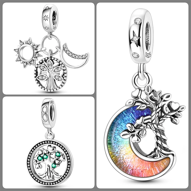 3-teiliges 925 Sterling Silber Lebensbaum-Charm-Set Familienbaum Herz Mond Sonne Schmetterling DIY Original Armband Halskette für Frauen – Detail 19