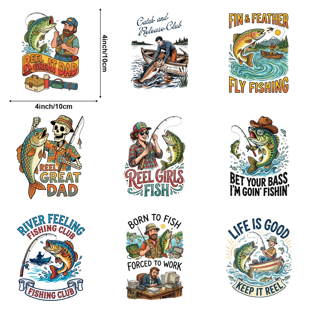 9 Pcs Fishing Fun Iron on Transfers Easy to heat press decals Iron On Transfer Patches Hoodie DIY Crafts for clothing, T-shirts,