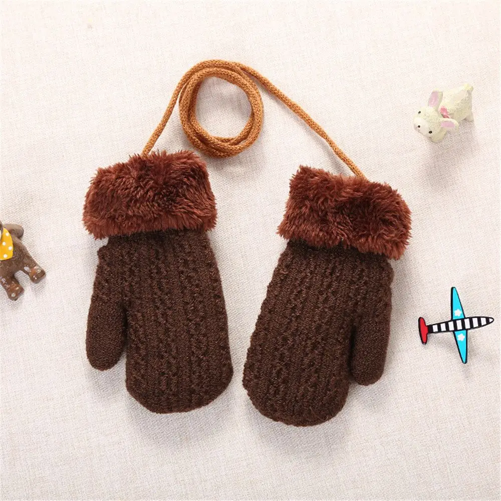 1Pair Children Mittens Winter Wool Knitted Gloves Faux Fur Thick Warm Cartoon Baby Boys Girls Hanging Neck Gloves For 1-4 Years