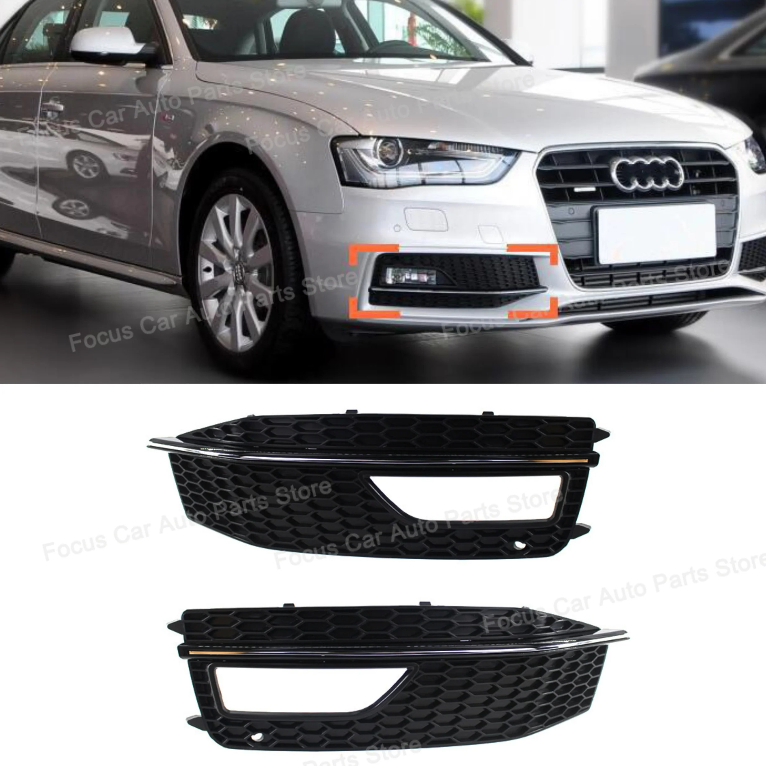 Pair Gloss Black Front Bumper Lower Fog Light Grill Grille For Audi A4 B8 S-Line S4 2012 2013 2014 2015 8K0807681P 8K0807682P