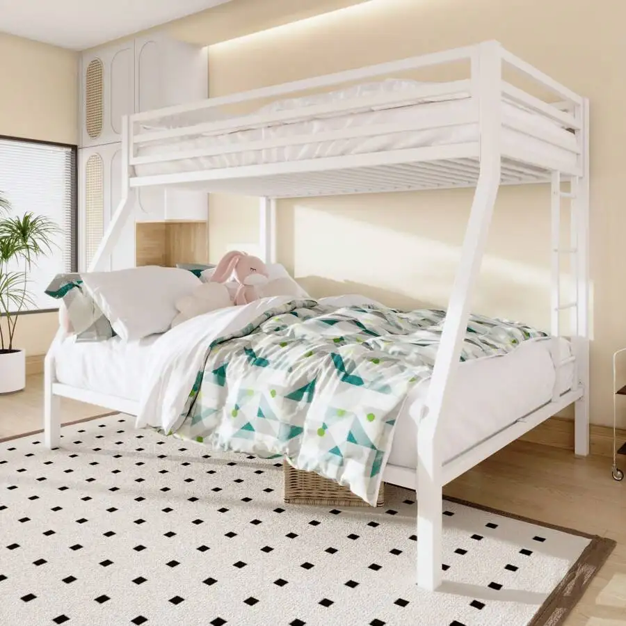 Twin Over Full Bunk Bed, Heavy-Duty Metal Frame With Enhanced High Guard Rails, Noise-Free, No Box Spring Needed, White