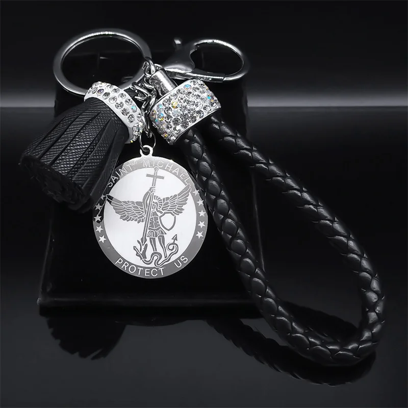 

St.Michael Medal Stainless Steel Keychain for Women Men Silver Color Archangel PU Woven Rope Keyring Holder Jewelry porte clef