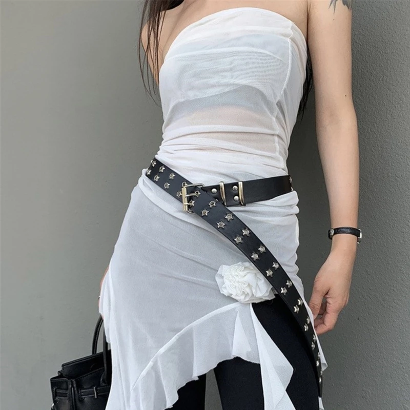 

A0NF Simple Adult Waist Belt with Double Row Star Grommet Pin Buckle Waistband PU Waist Belts for Rock Fan Wear Resistant