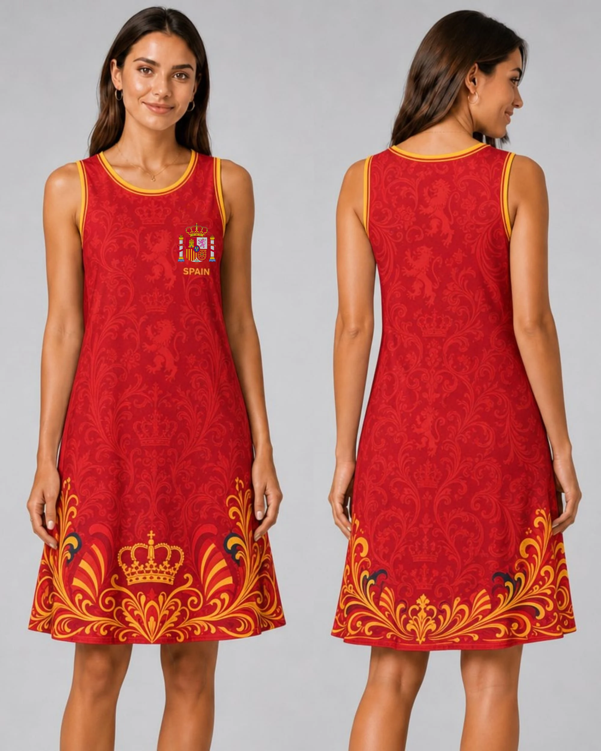 National Women's Sleeveless Spaghetti Strap Dress, Round Neck Printed Casual Loose A-line Midi Dress, Perfect for Beach Trips