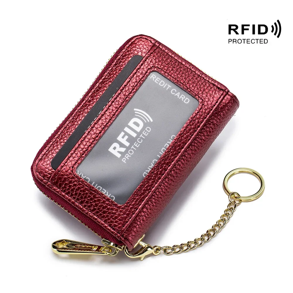 

Genuine Leather Men Women Card Holder Small Zipper Wallet Solid Coin Purse Key Ring Design Rfid ID Business Credit Card Bags