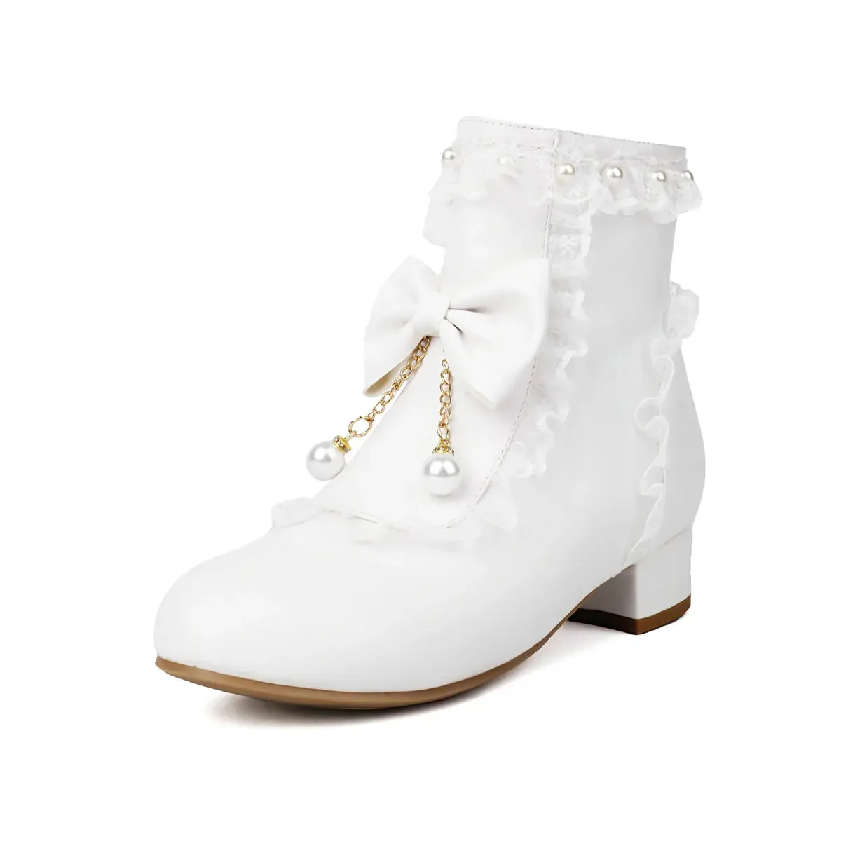 

Женские милые ботинки на боковой молнии на массивном каблуке с круглым носком и кружевом с бантом, ботильоны для девочек, праздничное платье принцессы для косплея, униформа, обувь