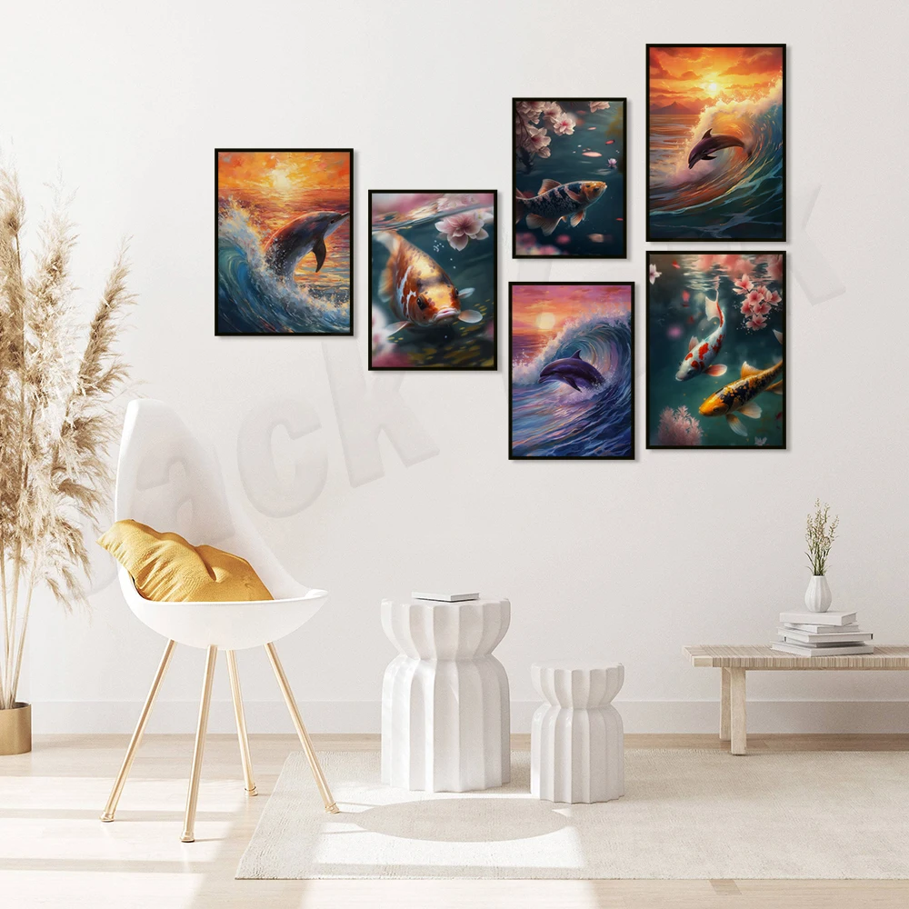 فن المناظر الطبيعية اليابانية، فن الأسماك الصفاء، اللوحة الشرقية الفن الياباني، لوحة المحيط دولفين آرت الحياة البحرية على الشاطئ جدار الفن