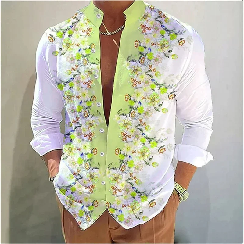 2024 hot spring and summer new men\'s stand-up collar shirt 3D digital printed flower pattern large size long-sleeved top