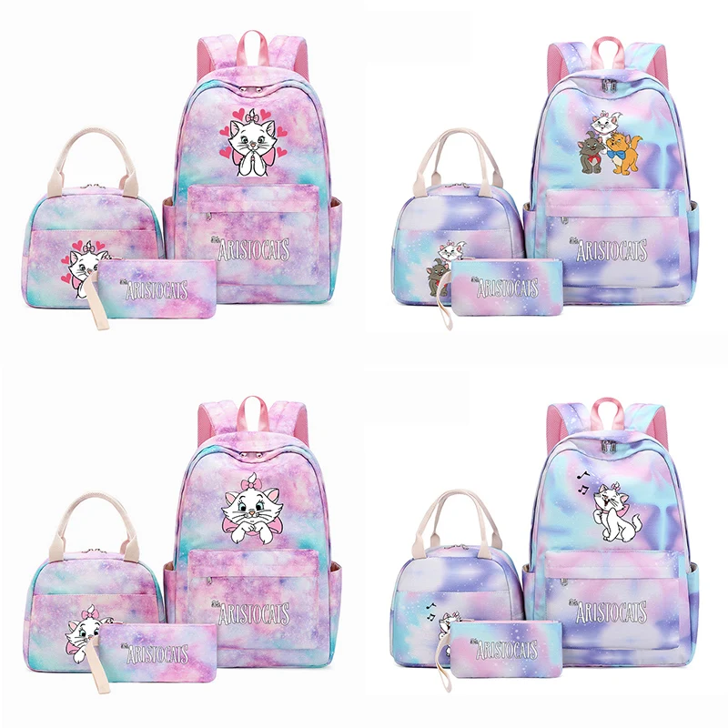 3Pcs Disney The Aristocats Marie Cat Women's Backpack Girls Colorful School bags Teenager with Lunch Bag Travel Mochilas Sets