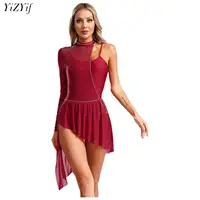 Traje de baile lírico para mujer, retales de bloques de Color, malla transparente, leotardo gimnástico de Ballet, vestido de baile contemporáneo moderno de salón