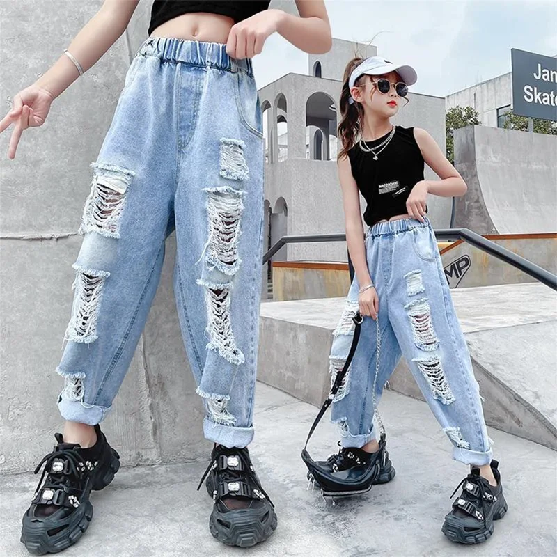 Jeans for Girl Spring Broken Holes Kids Jeans Fall Teen Fashion Girls Wide Leg Pants Summer Children's Clothes 6 8 10 12 14 Year