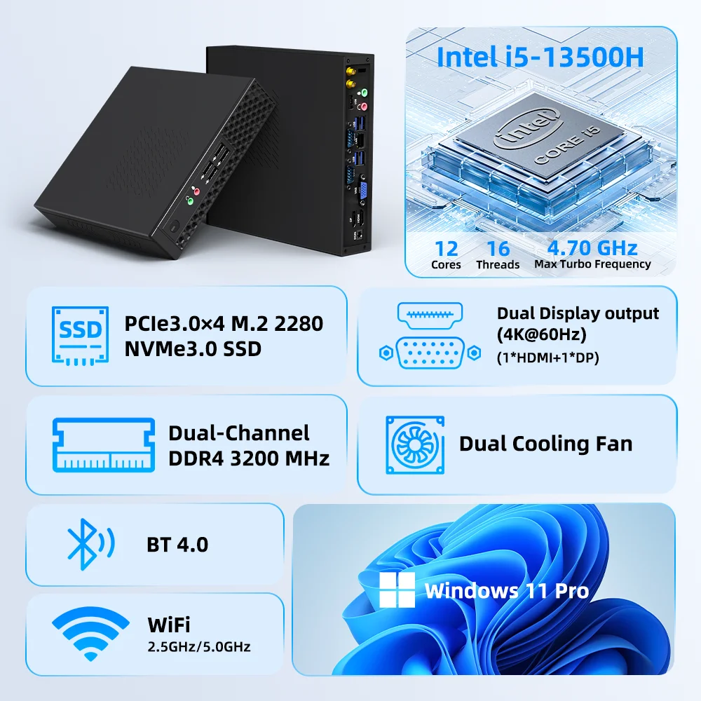 TexHoo Mini PC, Intel Core i5 13500H/12450H, 8/16 GB DDR4, 256/512 GB NVMe 3.0 SSD, WiFi, BT, Windows 11 Pro, Computer da gioco ITX