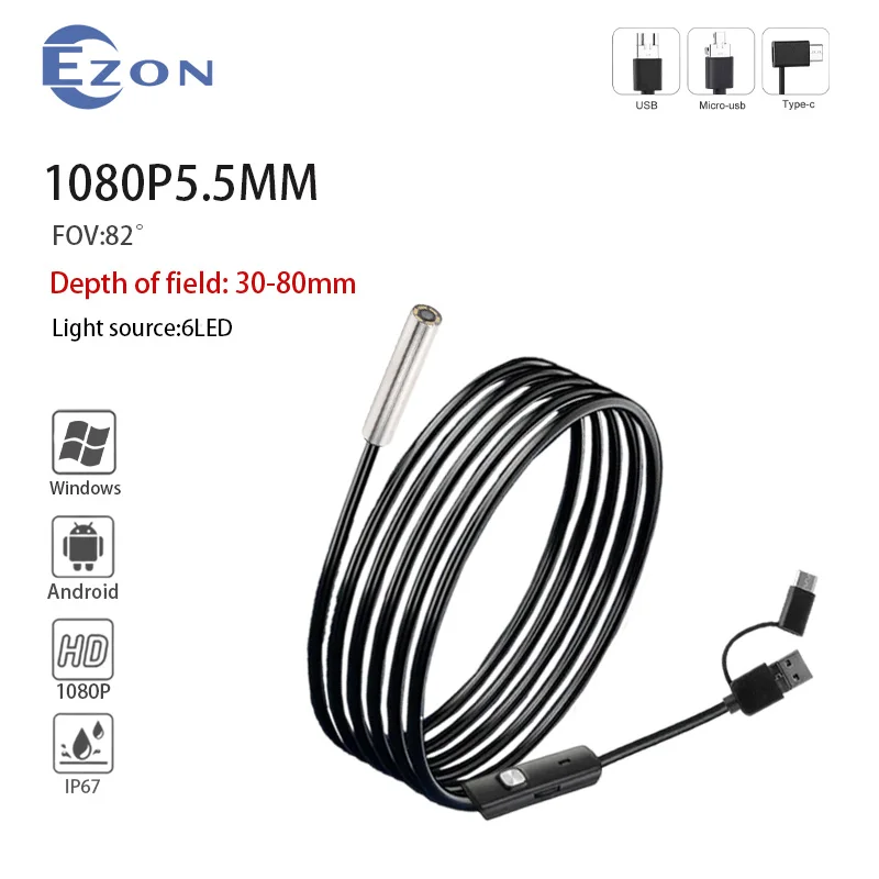 1080P 5.5 ملم FOV 82 °   كاميرا المنظار الصناعية عالية الدقة لفحص خطوط الأنابيب 3.5 متر USB Type-C أندرويد 3 في 1 كاميرا المنظار