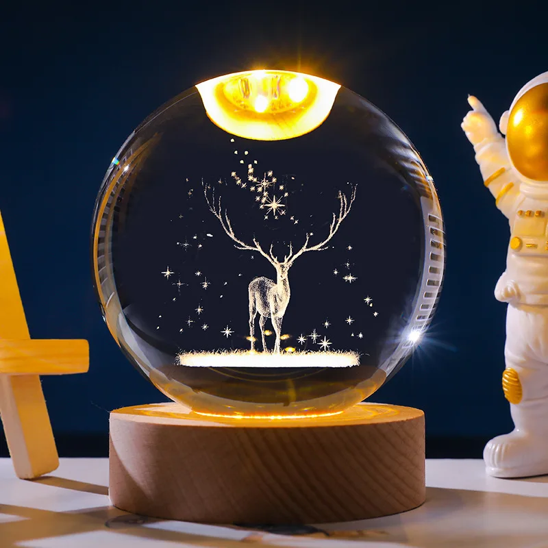 Sfera di cristallo 3D Gesù Galassia Luci decorative Base in legno con sfera di cristallo da 6 cm Pianeta Luce notturna Intaglio laser Regali per le vacanze