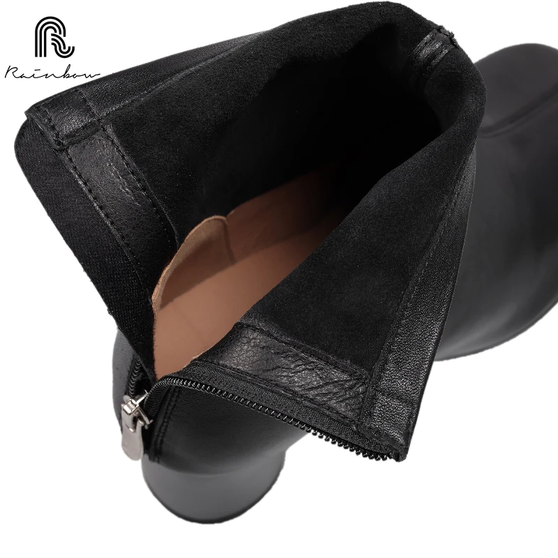 RAINBOW-Bottes de rinçage en cuir véritable pour femmes, talons hauts, noir, marron, rond, grande tête, dames, fête, chaud, automne, hiver, nouveau, 34-40