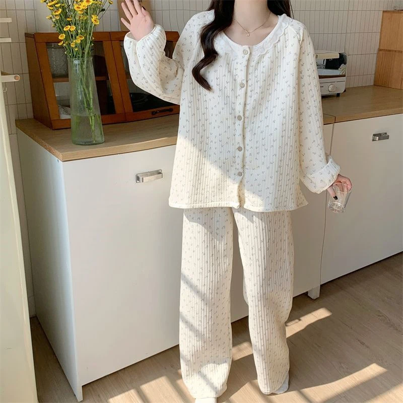 Floral Sleepwear Women Pajama Sets Spring Autumn Cotton top and Pants Sets Korean Cute Lace Night Wears Warm Sleeping Home Suit