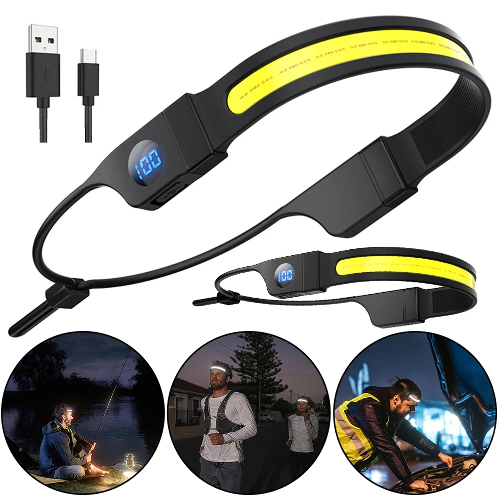 LED+COB Waterproof Headlight 300LM USB Rechargeable 3 Modes Digital Power Dispaly for Camping Dog Walking Fishing Hiking