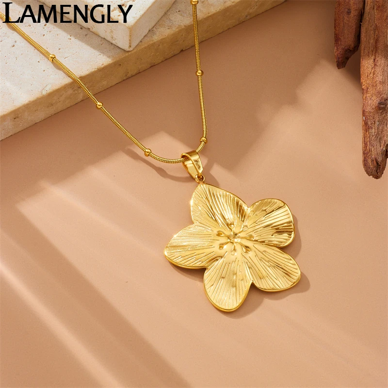 LAMENGLY 316L Stainless Steel Classy Line Texture Big Flower Pendant Necklace For Women Girls Personalized Clavicle Chain